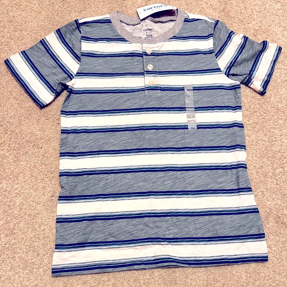 NWT Carter's Boys Blue & Grey Striped Kids Shirt, Size 7/7A, 100% Cotton